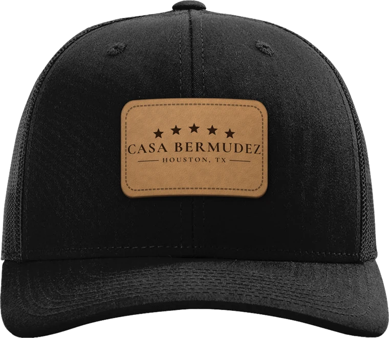 Front-facing patch — shown with the Casa Bermudez logo — your logo goes in its place